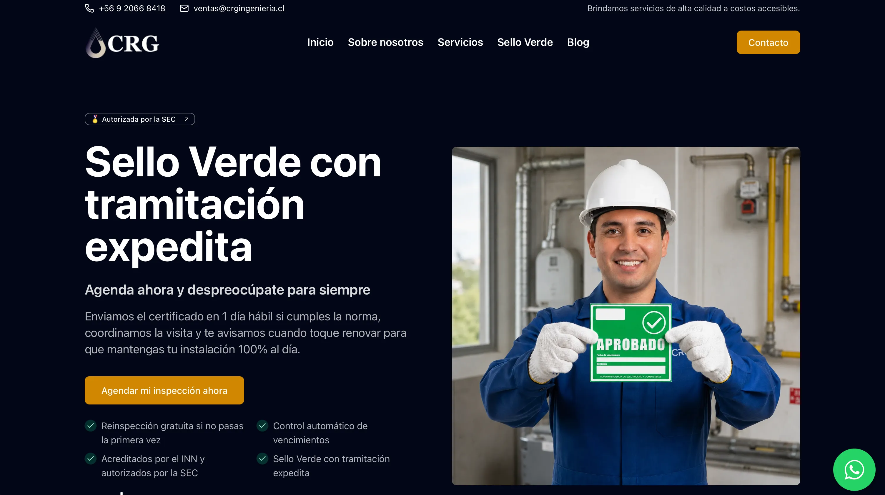 Captura de la página de inicio de CRG Ingeniería